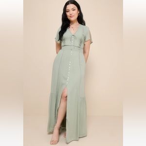 Lulu’s Swiss Dot Button-Front Maxi Dress, XL, Sage Green